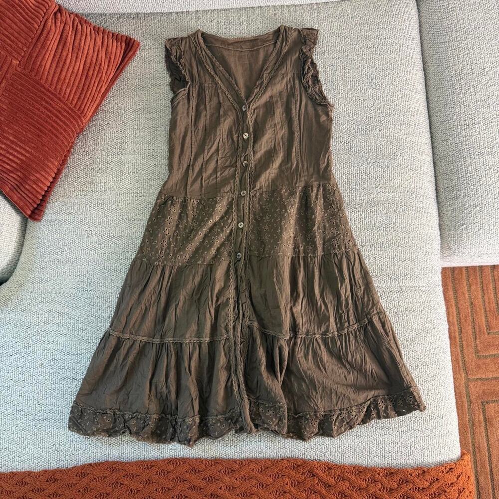 Brown boho short sleeve tiered dress eyelets - fits like S - Picture 7 of 7